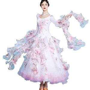 Vrouwen Moderne Wals Dans Kleding Podium Prestatie Kleding Lange Mouw Handgemaakte Waltz Foxtrot Dancewear, Wit, L