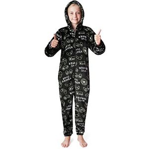 CityComfort rompertjes voor jongens, donzige fleece pyjama voor kinderen en tienerjongens meisjes, camo romper, warme winterpyjama 7-14 jaar (Zwart, 11-12 jaar)