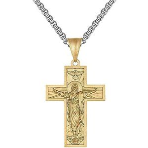 Heren roestvrijstalen kruis kruisbeeld Bijbelgebed hanger ketting - Vintage Punk Jezus Religieus Amulet Christelijke sieraden Geschenken (Color : Gold, Size : 60cm)