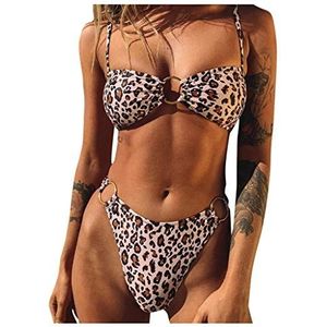 Lazzboy Bandeau bikiniset voor dames, push-up badkleding, strandkleding, tweedelig bovendeel met beugel, metalen ring, triangel, strandpak, Kaki, XL