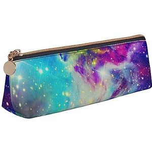 Kleurrijke Galaxy Pencil Case Lederen Potlood Pouch Draagbare Cosmetische Tas Driehoek Pen Tas Opbergtas voor Werk Kantoor Reizen, Wit, Eén maat