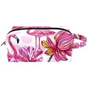 Make-up tas PU-leer,make-up tas voor op reis,roze flamingo's tropische bloemen,Cosmetische organizer voor dames