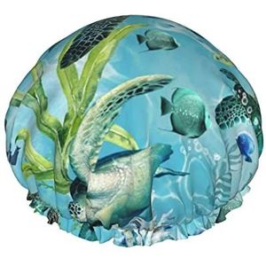 Zeeschildpad-blauw bedrukte douchemuts satijnen motorkap haar cap waterdichte badmutsen elastische band stretch zoom douchemuts herbruikbaar