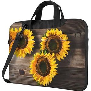 SSIMOO Drie zonnebloemen op houten stijlvolle en lichtgewicht laptop messenger bag, handtas, aktetas, perfect voor zakenreizen, Drie zonnebloemen op hout2, 14 inch