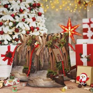 RLDOBOFE Italiaanse straatprint kerstcadeauzakje Kerstmis trekkoord tas herbruikbare geschenkverpakking goody geschenkzakken met cadeaulabel aanwezig opbergtas voor Kerstmis Thanksgiving bruiloft