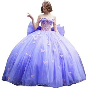 Fuomomo Quinceanera-jurk met dunne bandjes en vlinderglitter, Quinceanera-jurk met vlinders en grote strik, baljurk van kant met parels MT053, Lavendel Deep, 44