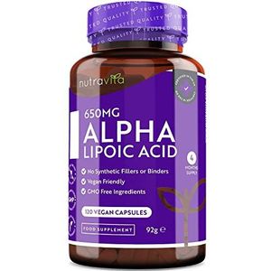 Alpha Lipoic Acid (ALA) 650 mg - 120 veganistische capsules met hoge dosis - 100% natuurlijk, geen synthetische bindmiddelen of vulstoffen - à 4 maanden voorraad - gemaakt in het VK door Nutravita