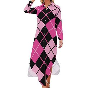 Zwart & Roze Argyle Lange Mouw Maxi Shirt Jurken voor Vrouwen Casual V-hals Knoop Blouses S