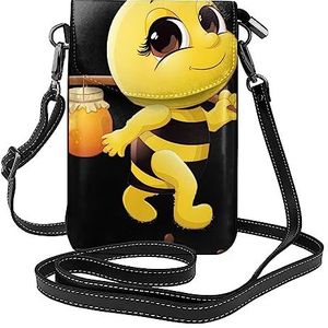 Cartoon Honey Bee Lederen Cross Body Flip Telefoon Tas Met Afneembare Schouderbanden, Gebruikt Voor Reizen, Dating, Vakantie Geschenken, Zwart, Eén maat