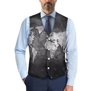 Wismoutput Herenpak, vest, zakelijk, formele jurk, gilet met V-hals, slim fit, 4 knopen, vest met riem aan de achterkant, Grijze Kaart, S