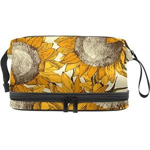 Grote capaciteit reizen cosmetische tas,Geschilderde Realstic Zonnebloemen Geel,Make-up Bag,Waterdichte Make-up Bag Organizer, Meerkleurig, 27x15x14 cm/10.6x5.9x5.5 in