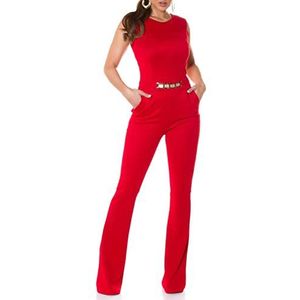 Koucla Business lange slag jumpsuit mouwloos met cutout en decoratieve riem, rood, S