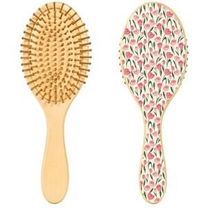 Xuxinsheng Gladde haarborstel met bloemenpatronen, zachte en krullende haarborstel met roze bloemen, houten kam met ovale hoofdhuidmassagekam