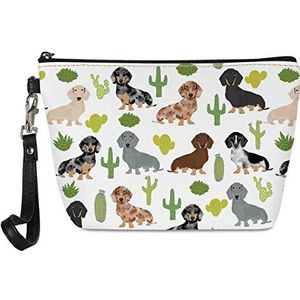 spArt Tropische teckel hond en cactus draagbare reizen cosmetische tas lederen make-up tas toilettas organizer tas lichtgewicht