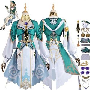 Genshin Impact Cosplay Kostuum voor Meisjes, Game Karakter Lisa Nieuwe Huid Verkleedpak met Hoofdtooi, Halloween maskerade Jas Jurk Kimono Mantel voor Meisjes,Groen,XL