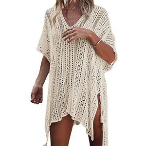 EDOTON Gebreide strandjurk voor dames, bikini-cover-up, zomer, strand, bedekking, bikiniblouse, A-beige, One size