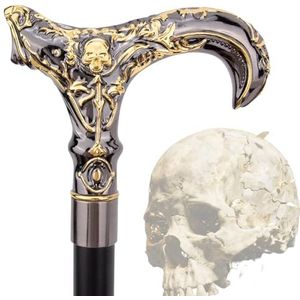 Wandelstok - Zwart en Gouden Schedel - Aluminiumlegering - Ergonomische Handgreep - Gotische Decoratieve