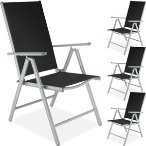 tectake® Aluminium Tuinstoel Set van 4 | Klapstoel met 7-voudig Verstelbare Rugleuning | Hoge Rugleuning met Armleuningen | Tuinmeubelset met 4 Stoelen voor Tuin, Balkon, Terras, Camping - Zilver