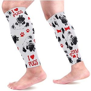 EZIOLY Zwart Rood en Wit Pug Honden Sport Kalf Compressie Mouwen Been Compressie Sokken Kalf Guard voor hardlopen, Fietsen, Moederschap, Reizen, Verpleegkundigen