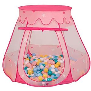 SELONIS Baby speeltent met plastic ballen, tent 105 x 90 cm / 200 ballen, plastic ballen voor kinderen, roze: wit, geel, babyblauw, poederroze