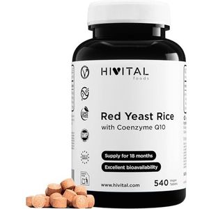 Rode Gist Rijst met Co-enzym Q10. 540 veganistische tabletten voor 18 maanden behandeling. Gemaakt met Monascus Purpureus rijstgist. Gefabriceerd in Europa door HIVITAL
