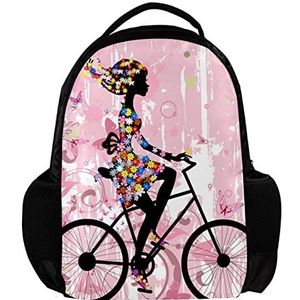 Roze Lente Meisje Rading een fiets Bloem Gepersonaliseerde Rugzak voor vrouwen en man School reizen werk Rugzak, Meerkleurig, 27.5x13x40cm, Rugzak Rugzakken