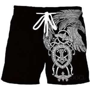 Viking Celtic Crow Shorts Voor Heren, Nordic Rune Tattoo Print Zomer Ademende Mesh Trekkoord Shorts, Modieuze Harajuku Sneldrogende Losse Shorts (Color : Crow B, Size : M)