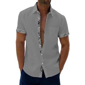 LQHYDMS Heren T-shirt Single Breasted Tops Heren Korte Mouw Patchwork Blouse Zomer Open Stitch Casual Shirts Kleding Plus Size S-5Xl, Grijs, 3XL