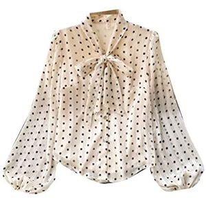 SIWAN Polka Dot Shirt Retro Chiffon Blouse Vrouwen V-Hals Strik Bladerdeeg Mouw Stip Mesh Shirt Vrouwenabrikoos, S