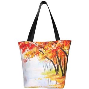 BeNtli Schoudertas, canvas draagtas grote tas vrouwen casual handtas herbruikbare boodschappentassen, herfst bos oranje bladeren, zoals afgebeeld, Eén maat