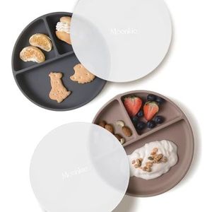 Moonkie 2pc Siliconen Babybord, Babybord met Zuigvoet, BPA-Vrij Antislip Siliconen Kinderborden, Split Bordenset met Deksel, Magnetron- en Vaatwasmachinebestendig(Warm Bruin/Donkergrijs)