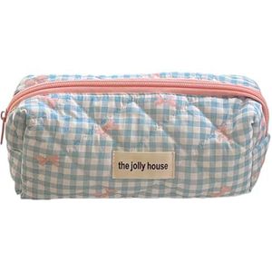 Geruite schattige cosmetische tas met rits make-up organizer opbergtas katoen gewatteerde cosmetische organizer tas voor vrouwen en meisjes, Lichtblauw, S, esthetische/bloemen