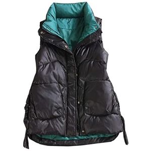 Winter Vest Bovenkleding Thermisch Vest Dames Lichtgewicht Vest Kraag Mouwloos Jack Casual Mouwloos Vest(Grün,3XL)