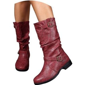 Enkellaarsjes Met Dubbele Gesp Dames Instapschoenen Met Brede Buis PU Leren Bikerbooties Retro Enkellaarsjes Met Lage Hak Casual Enkelschoenen For Herfst En Winter(Red,42 EU)