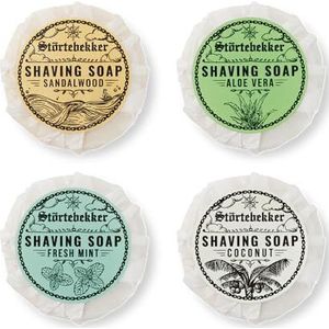 Störtebekker® Premium scheerzeep probeerset - sandelhout, kokos, munt, aloë vera - handgemaakt - perfect voor het scheren met scheermes en scheermes - veganistische scheerzeep voor dames en heren - 70