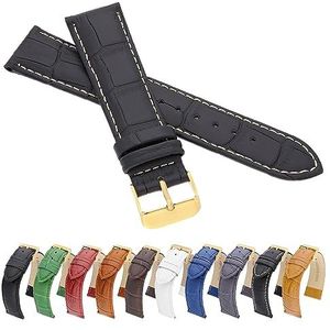 MARCHEL Gold Croco LM leren armband zwart blauw wit bruin rood groen krokodillenpatroon koeienhuid horlogeband gouden sluiting, zwart-wit, 19 mm, Riemen.