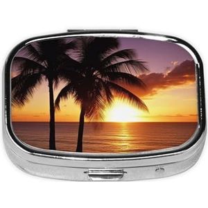 Sunset Beach Palm Tree Print Pillendoos 2 Compartimenten Kleine Pillenhoes met Spiegel Pillen Organizer Draagbare Geneeskunde Pillendoos voor Reizen Pocket Purse