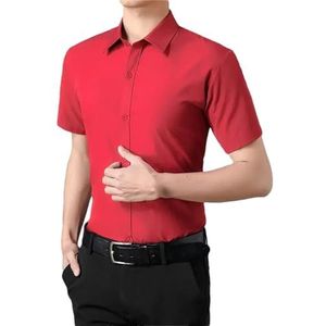 Heren Zomer Zakelijk Dunne Korte Mouwen Shirt Mannen Eenvoudige Mode All-Match Revers Knop Solid Slim Shirt, Rood, XXL