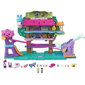 Polly Pocket Pollyville Dierenfeest in de boomhut, 5 verdiepingen, meer dan 15 speelonderdelen: 2 poppen, voertuig, 4 dieren en meer, geweldig cadeau voor kinderen vanaf 4 jaar, HJJ98