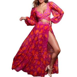 HFYRBDKSPI Womens Sexy 3-delige Bikini Sets Print Ruffle Badpak Badpak met Wrap Lange Rok,Red 1,L