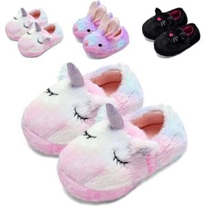 Kinderpantoffels voor meisjes, schattige konijntjes-pantoffels, kinderen, eenhoorn, pantoffels, nieuwigheid, kattenpantoffels, peuter, gesloten rug, warm huis, antislip, pluizige pantoffels, Eenhoorn