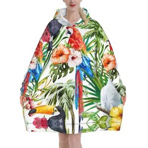 Toekans papegaai palmboom bladeren vrouwen sherpa sweatshirt deken verlengen warme gezellige oversized draagbare zak hoodie volwassenen