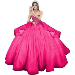 Fuomomo Quinceanera MT054 Jurken met spaghettibandjes, partyjurk met staart, Quinceanera kanten jurk met strik, Quinceanera tule met parels, bright pink, 30 NL
