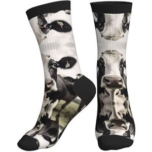 ERSDWRE Zwart-witte Cow2 Print Crew Sokken,Atletische sokken voor mannen,Womens gewatteerde zachte sok voor gym hardlopen sport, Zwart, One size