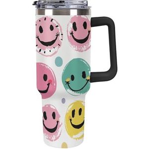 HJUQNGF 40 oz Gepersonaliseerde beker met handvat en stro pastel kleur smiley gezicht roestvrij staal geïsoleerde bekers herbruikbare auto thermische beker reizen koffiemok voor vrouwen mannen