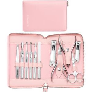 FAMILIFE Manicure Set Professionele Manicure Kit Nail Kit - 11 STKS Geschenken Voor Haar Nail Clippers voor Vrouwen Rvs Pedicure Sets Roze Lederen Case