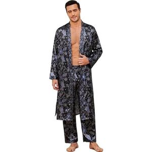 LVCHAO Herenbadjas met lange mouwen, pyjamaset met print, lente en herfst, kimono, badjas, broekpakken, casual satijnen homewear, loungewear om te slapen, te ontspannen, spelletjes te spelen of te