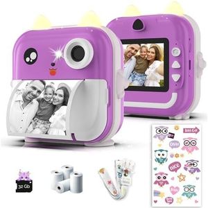 Onmiddellijke kindercamera, dubbele lens, 48 MP, video 1080p, thermische print met 4 papierrollen, bluetooth-app, 32 GB kaart, cadeau voor meisjes en kinderen van 3 tot 12 jaar, paars