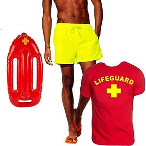 Coole-Fun-T-Shirts Lifeguard zwemboei kostuum reddingszwemmer 3-delig set t-shirt rood zwembroek neon geel maat XS