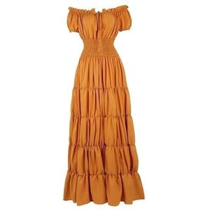 Vrouwen Middeleeuwse Renaissance Jurk Boho Korte Mouwen Off Shoulder Gesmokte Taille Retro Geplooide Lange Jurk Kostuum(Turmeric,XXL)